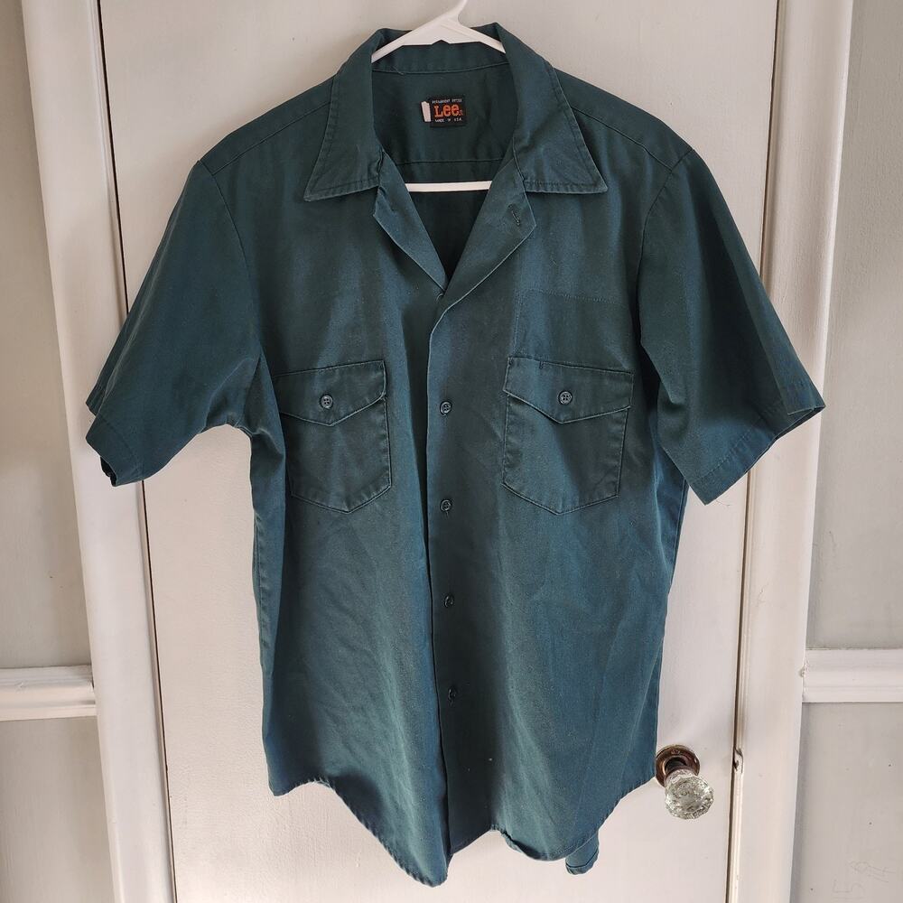 Vintage Lee Work Shirt Green 16- 16.5 Permanent Press USA Made